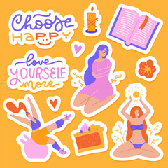 Big set of skin self love lettering quotes with self care elements - book, sport, candle. Hand drawn flat collection of stickers about loving yourself. Flat hand drawn vector illustration.