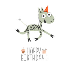 Happy little zebra running in a festive hat. Hand-drawn vector illustration with the inscription 