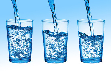 Mineral water background. Pouring water into glass. Drinking water fizzy bubble. Sparkling water in glass. Benefits of drinking.