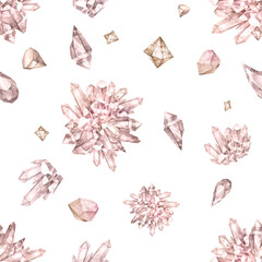 Watercolor gemstones seamless pattern. Crystals and clusters texture on white background. Pastel crystals wallpaper