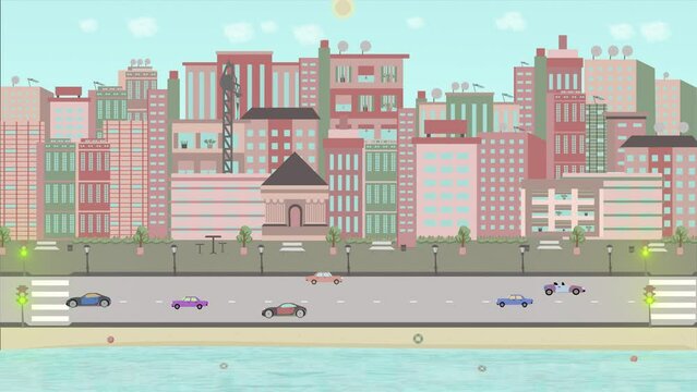 An animated flat illustration of a city with a park, lake, construction crane, traffic and skyscrapers on a day-to-night seamless loop.