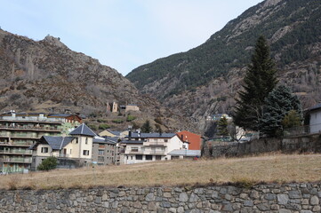 Encamp town in the Valira d'Orient river valley at the foot of Grandvalira resort in Andorra in Pyrenees mountains range in winter