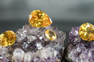 Natural Sapphire gemstone, Jewel or gems on black shine color, natural yellow gemstones on stone