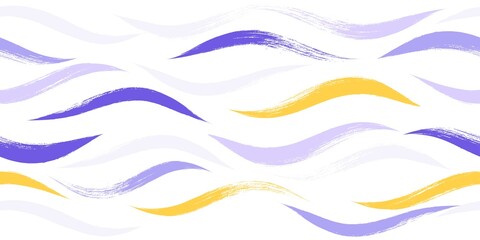 Fototapeta na wymiar Seamless Wave Pattern, watercolor purple vector curve background. Wavy beach brush stroke, curly grunge paint lines, Hand drawn water sea illustration