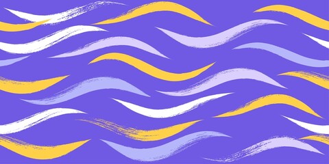 Seamless Wave Pattern, watercolor purple vector curve background. Wavy beach brush stroke, curly grunge paint lines, Hand drawn water sea illustration