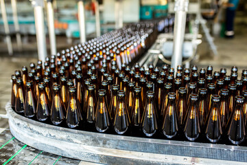 Brewery factory spilling beer into glass bottles on conveyor lines. Industrial work, automated...