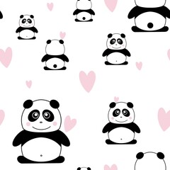 Obraz premium Children's seamless pattern with panda and hearts. Idea for children's rooms, textiles, postcards, pajamas, posters, and more.