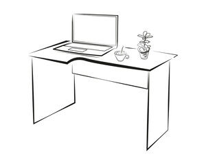 Cozy workplace, a table on which there is a laptop, a flower and a cup of coffee, drawing in line art style