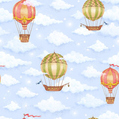Watercolor balloons clouds, stars, , space, seamless pattern. Fabulous watercolor illustration on a light background. Background print, children's postcards, bed linen and much more