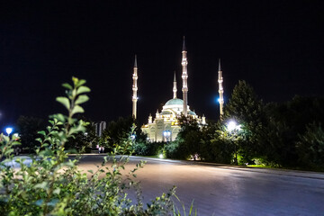 Fototapeta na wymiar GROZNY, RUSSIA - JUNE 19, 2021: Summer Night at the Heart of Chechnya Mosque. Russia.