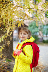 School girl with   red briefcase on   autumn day