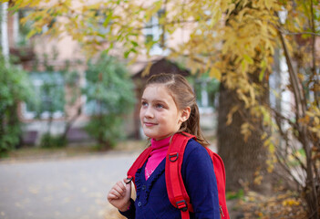 Girl  with   red briefcase on   street in autumn