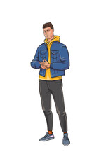 Figures of young people in casual clothes. They go to the viewer. Full-length. Vector illustration