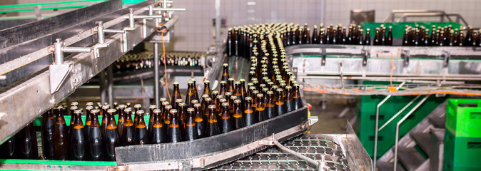 Brewery factory spilling beer into glass bottles on conveyor lines. Industrial work, automated...