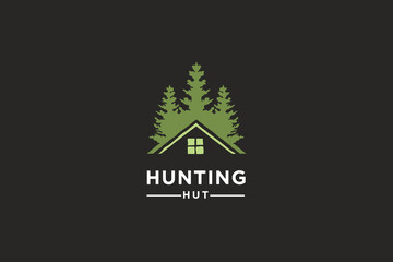 Fototapeta na wymiar Abstract pine tree and house or home for hunting hut lodge logo design vector illustration.