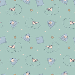 Children's seamless pattern on the theme of sleep. Attributes of the night and magical childhood dreams. Vector. Textiles, Packaging paper. Background.