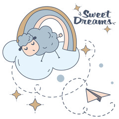 Children's illustration on the theme of sleep. Banner with the image of a cute sheep sleeping on a cloud under a rainbow, moon and stars. Vector. Delicate color scheme.