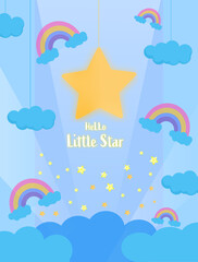 Greeting card with stars and rainbow for newborn baby boy or girl
