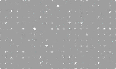 Seamless background pattern of evenly spaced white starfish symbols of different sizes and opacity. Vector illustration on gray background with stars