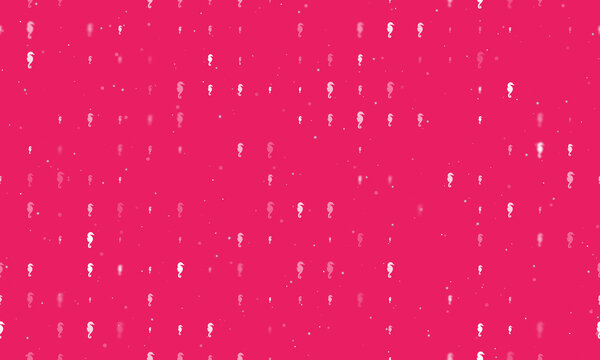 Seamless background pattern of evenly spaced white sea horse symbols of different sizes and opacity. Vector illustration on pink background with stars