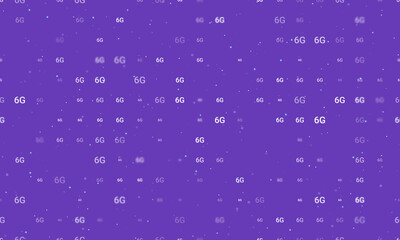 Seamless background pattern of evenly spaced white 6G symbols of different sizes and opacity. Vector illustration on deep purple background with stars