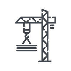 Tower crane line icon side view isolated on white transparent background.