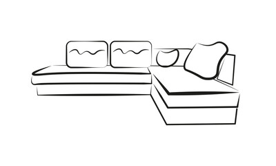 Large corner sofa, black drawing on a white background in line art style
