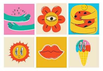 Big Set of Different colored Vector illustartions for posters in Cartoon Flat design. Hand drawn Abstract shapes, faces, different texture funny Comic characters.