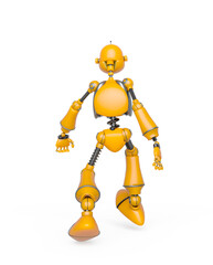 funny robot cartoon is walking rear view