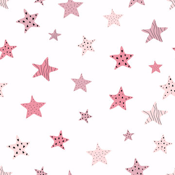Cute pink stars seamless pattern. Hand drawn cartoon stars. Creative gentle background for children. Funny print in Scandinavian style.