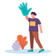 А young fan guy goes and waves with a foam hand. Sports fan, vector flat illustration.