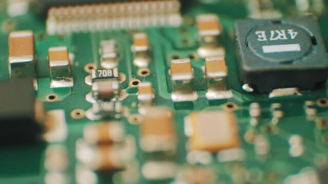 A macro shot of the micro chips on a PCB board.