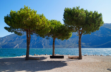 Fototapeta na wymiar turquoise lake Garda in the town of Limone in Italy on a sunny October day (Lombardy, Italy) 