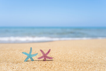 Fototapeta na wymiar Two colorful starfish, star on sand beach with sea water background. Couple vacation concept