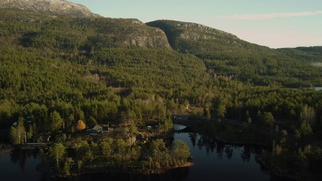 Sunset Flying Lake Sandvatn Norway Forest Scape Houses 4K 30fps