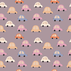 Cute cars seamless pattern, nursery minimalistic car background, endless texture with hand drawn cars for textiles, cards