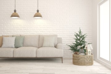 Obraz premium White living room with sofa. Scandinavian interior design. 3D illustration