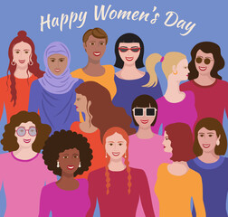Plakat Happy women ' s day greetings, smiling different girls and women group who celebrate 8 March