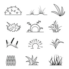 Set Black Collection Simple Line Grass Plants Bush Doodle Outline Nature Element Vector Design Style Sketch Isolated Illustration