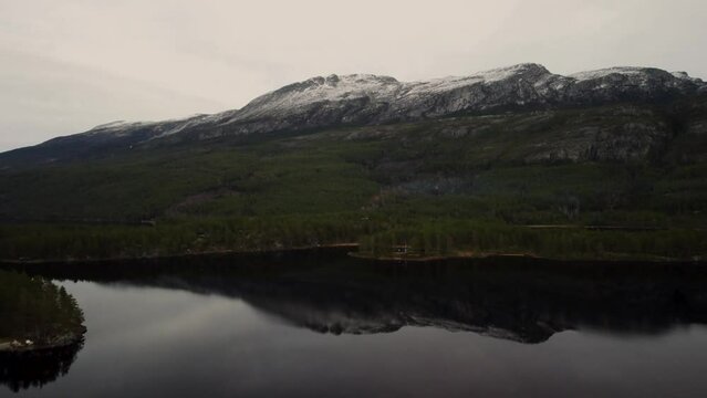 Pan Drone Shot Lake Sandvatn Mountain Islands Norway 4K 30fps