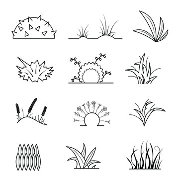 Set Black Collection Simple Line Grass Plants Bush Doodle Outline Nature Element Vector Design Style Sketch Isolated Illustration