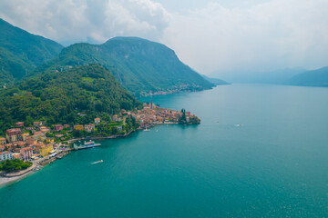 Aerial view of Varenna village. Varenna is a picturesque and traditional village, located on the eastern shore of Lake Como, Italy