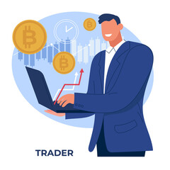 Vector hand drawn flat style a man is engaged in trading with a laptop against the background of the attributes of the stock market.