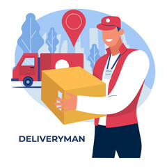 Vector hand drawn flat style a deliveryman is engaged in shipping with a box against the background of the city and delivery car.

