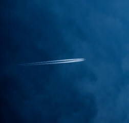 sky, airplane, plane, jet, aircraft, trail, travel, air, fly, flying, contrail, transportation, flight, transport, blue, high, speed, white, aeroplane, smoke, clouds, trace, cloud, aviation, vapor