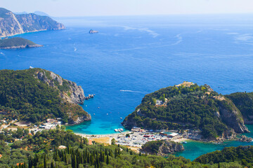 Fototapeta na wymiar Panoramic view of the sea and coast on the sunny day. Corfu. Greece.