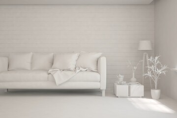 Mock up of stylish room in white color with sofa. Scandinavian interior design. 3D illustration