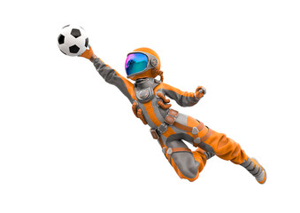 astronaut girl is playing football as a goalkeeper