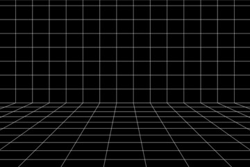 3D digital white grid of wall, floor of black room space with one point perspective. White empty geometric cyberspace studio background. Virtual three dimension scene. Easy guide architecture template