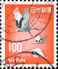 Fotobehang Kraanvogels Japan - circa 1968: a postage stamp from Japan, showing the Birds of Luck Red-crowned Cranes (Grus japonensis)  © zabanski